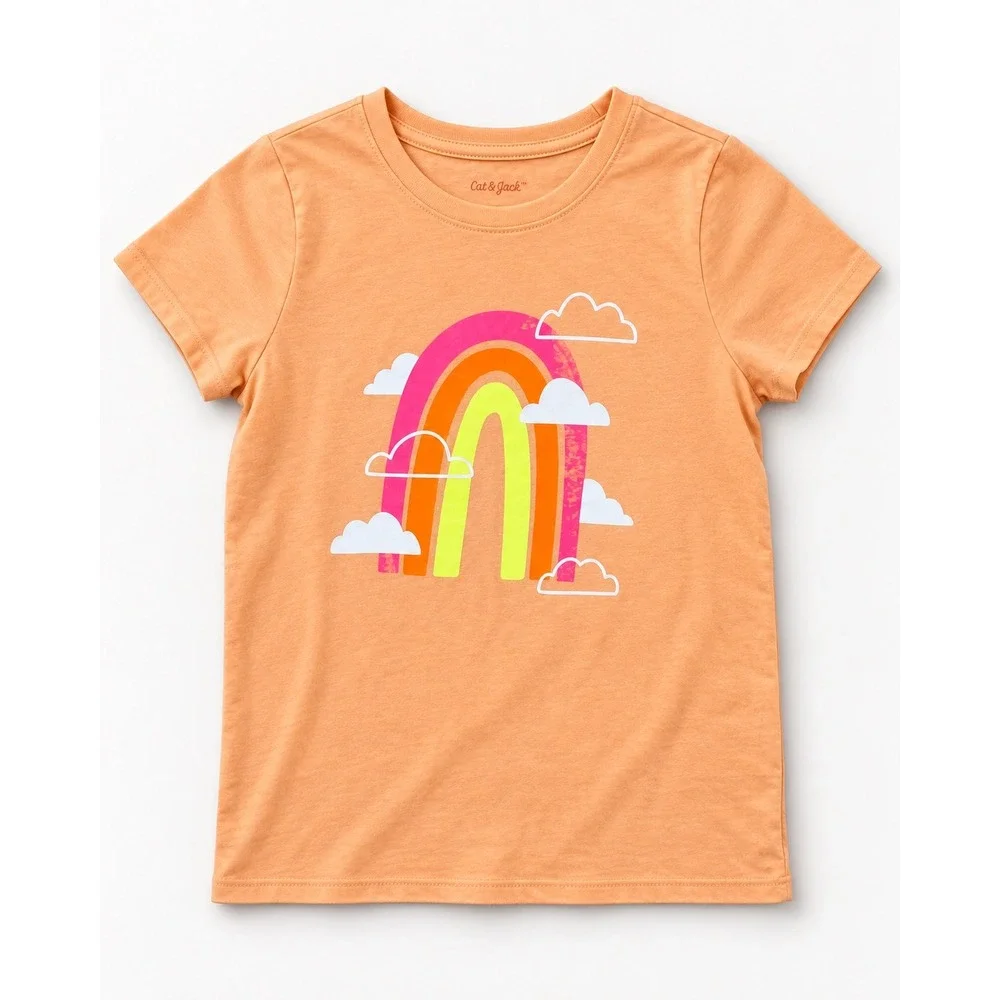 Cat & Jack Girls Orange Rainbow Cloud Graphic Tee Shirt XL 14